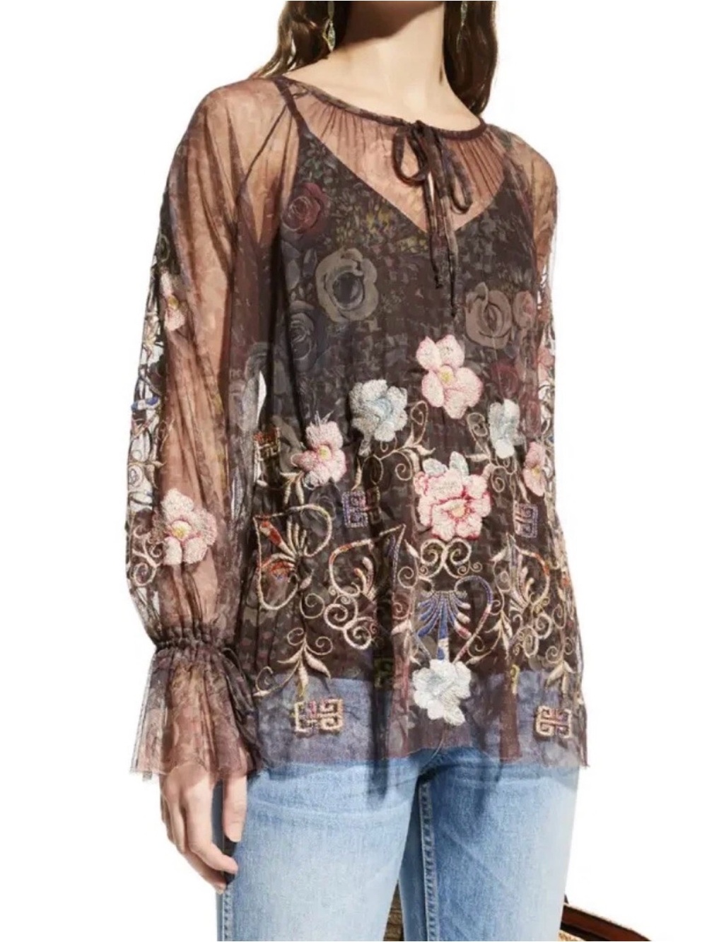 Johnny Was BIYA Mesh Embroidered Tunic Top sz M